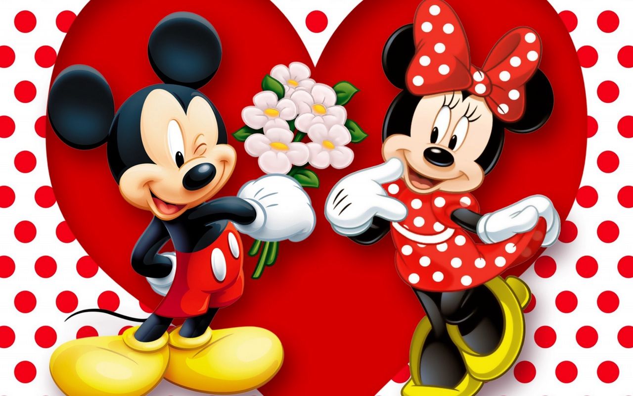 Micky Maus, Minnie Maus, Disney, Blumenstrauß, Herz, Rot, HD-Hintergrundbild für PC