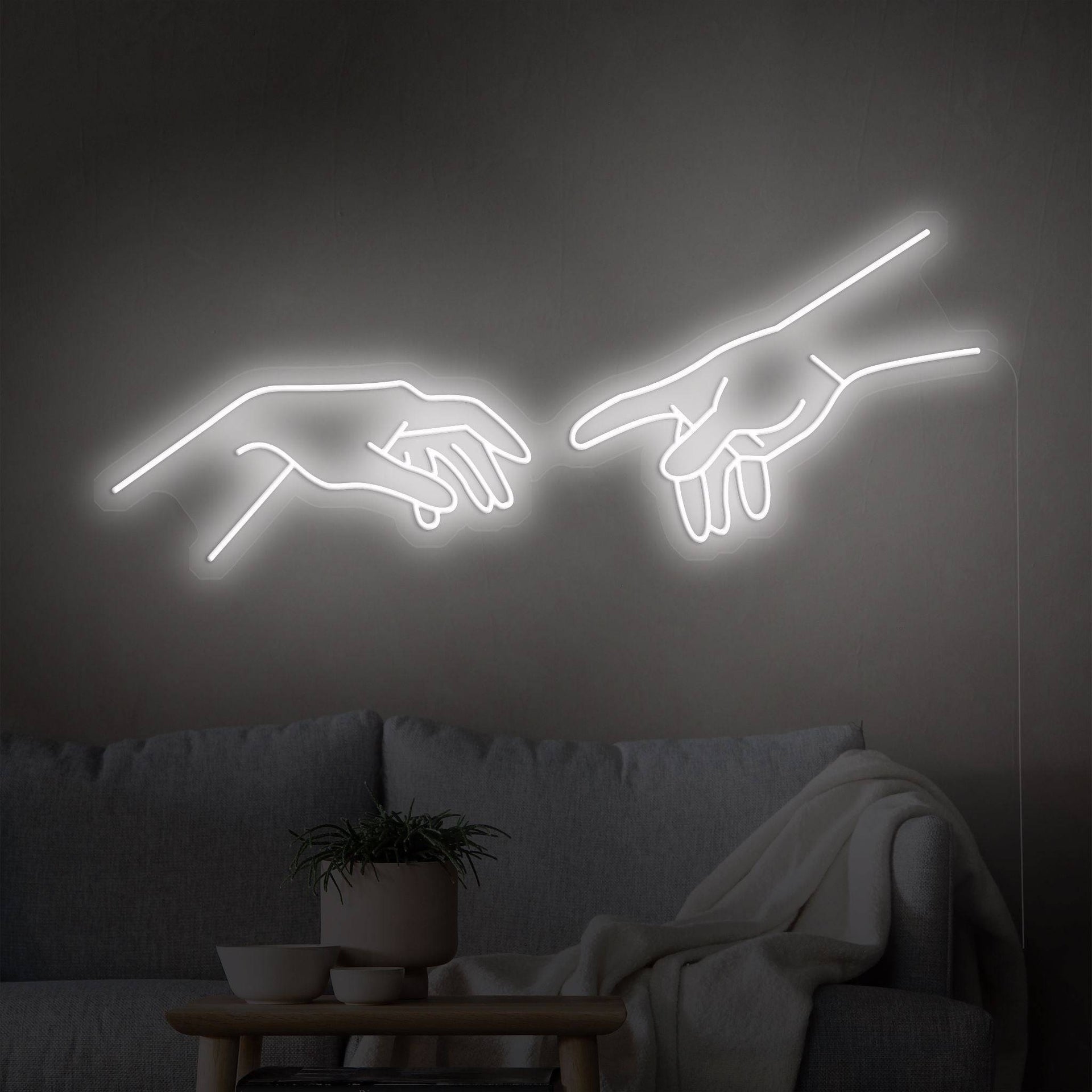 Die Erschaffung Adams, Hände, Weißes Neon, Wohnzimmer, Dunkel, Hintergrundbild fürs iPad
