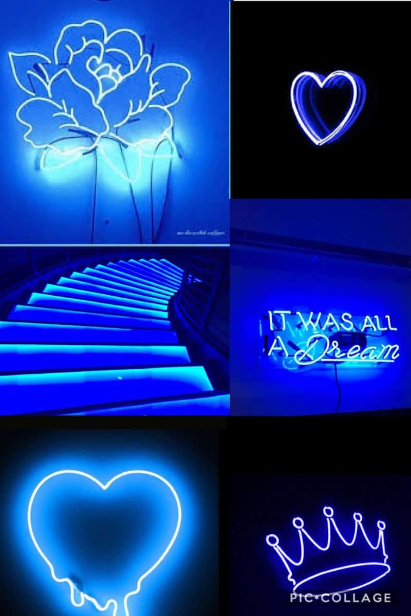 Collage, Blaues Neon, Neonherz, Krone, Rose, Blaue Ästhetik, HD, Handy-Hintergrundbild