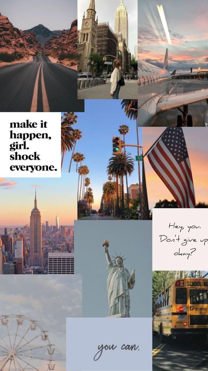 Freiheitsstatue, New York City, USA, Collage, Amerikanische Flagge, Ästhetik, Zitat, Hochformat-Hintergrundbild