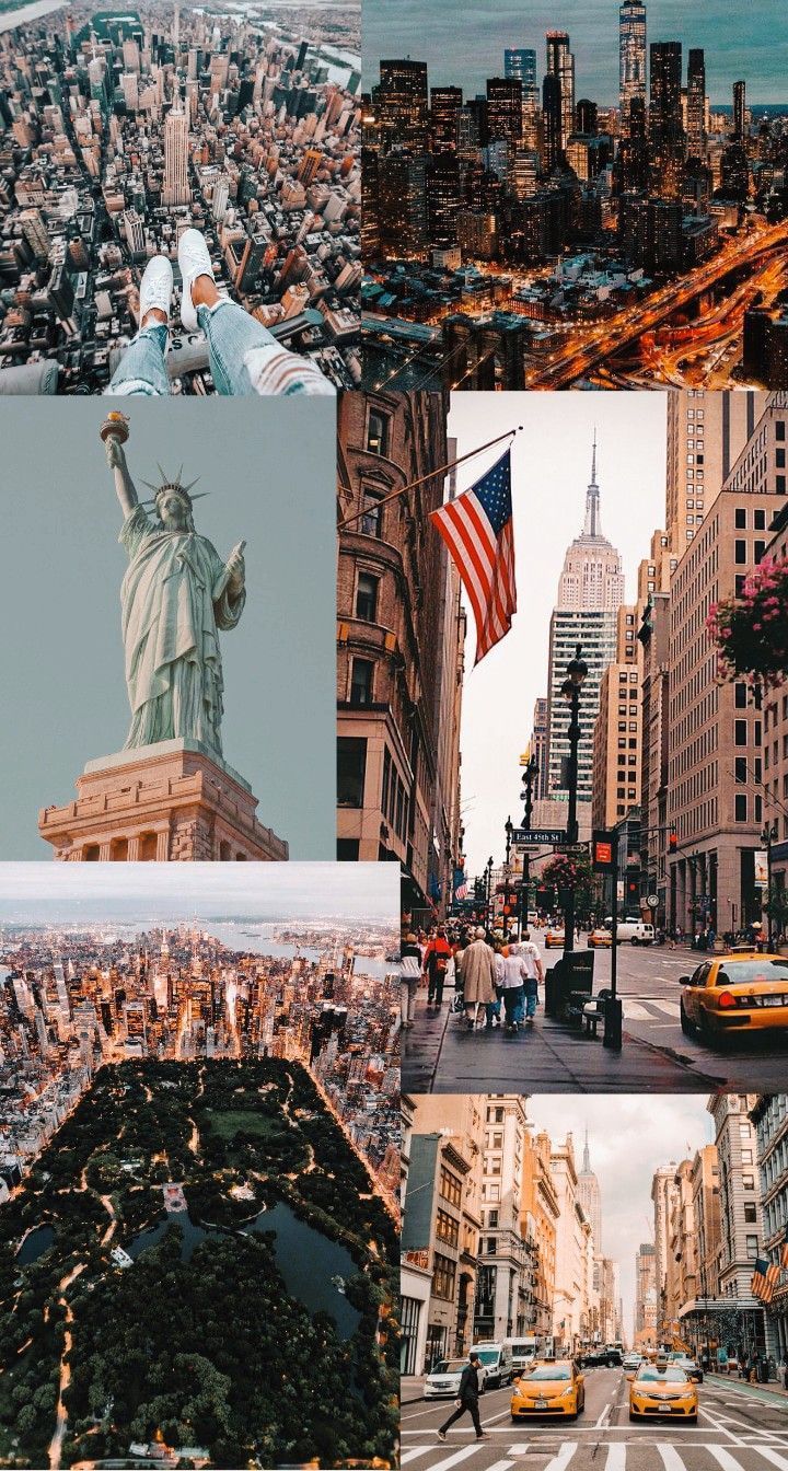 Freiheitsstatue, New York City, Collage, Amerikanische Flagge, Großstadt, Straßenschlucht, HD-Handy-Hintergrundbild