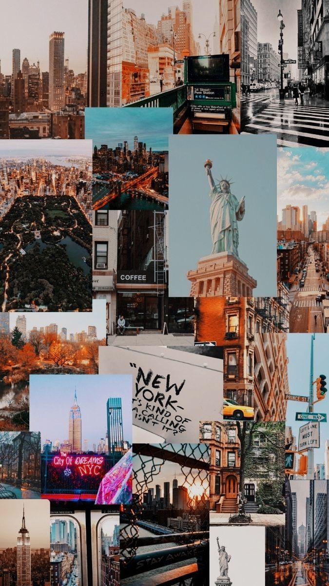New York City, Freiheitsstatue, Collage, Wolkenkratzer, Nachtleben, Rot, Sperrbildschirm fürs iPhone