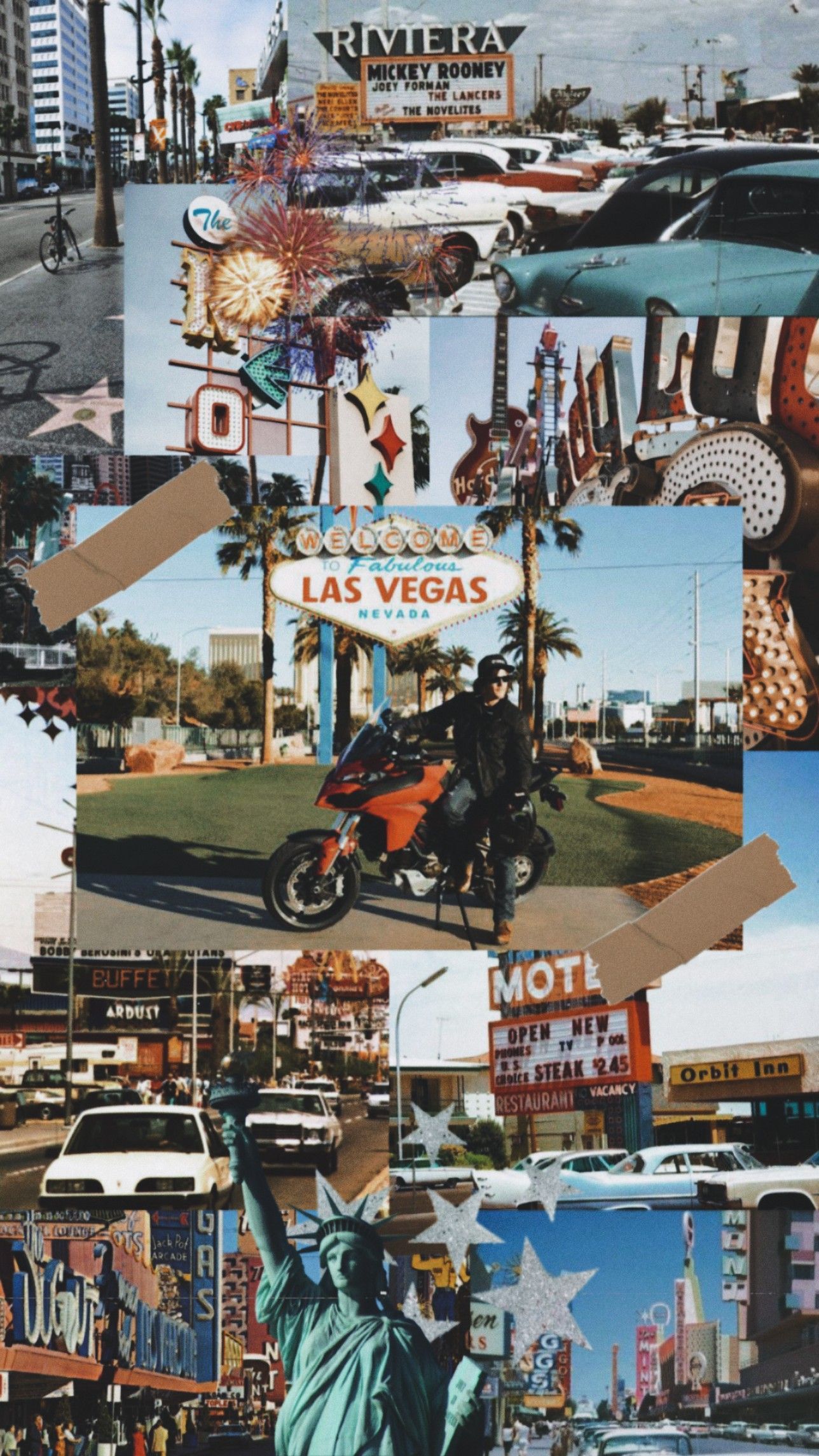 Las Vegas, Collage, Freiheitsstatue, Roadtrip, Motorrad, Retro, Full HD, Handy-Hintergrundbild