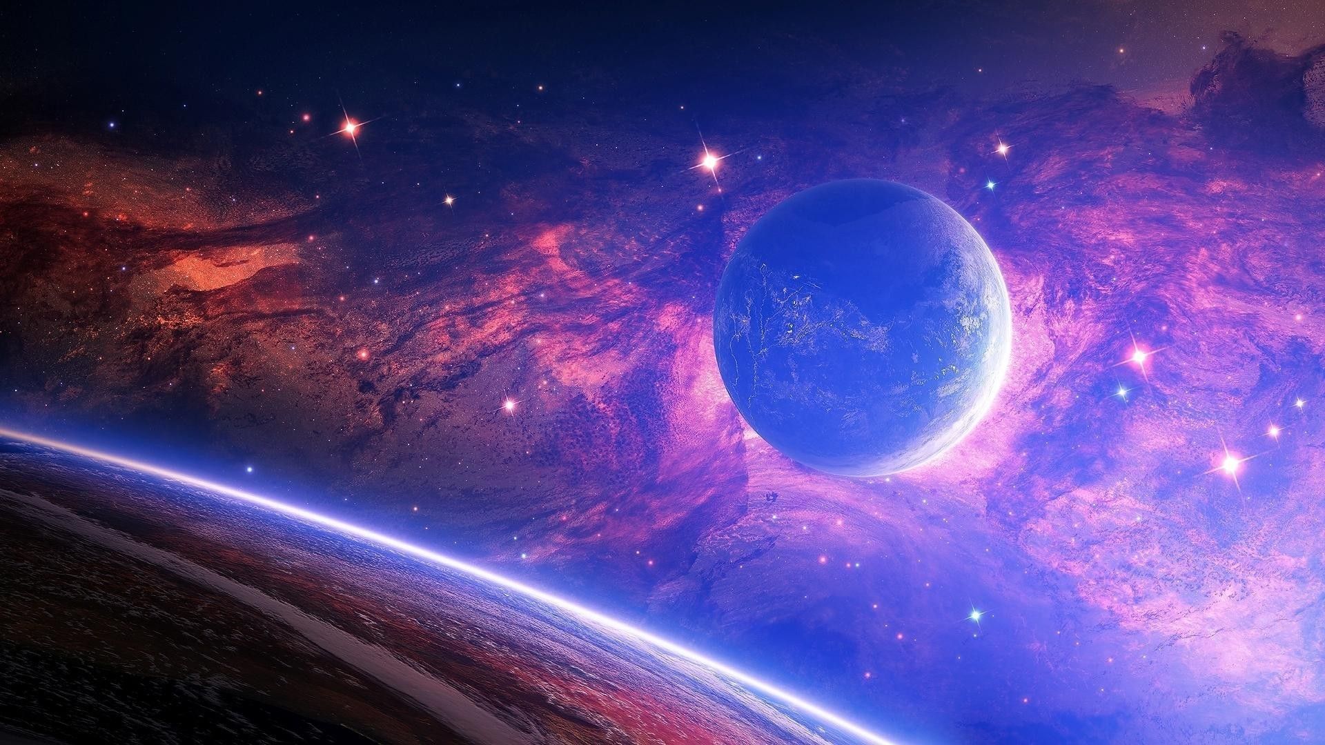 Planet, Nebel, Planetenhorizont, Weltall, Lila, Digitale Kunst, 1920x1080, PC-Hintergrundbild