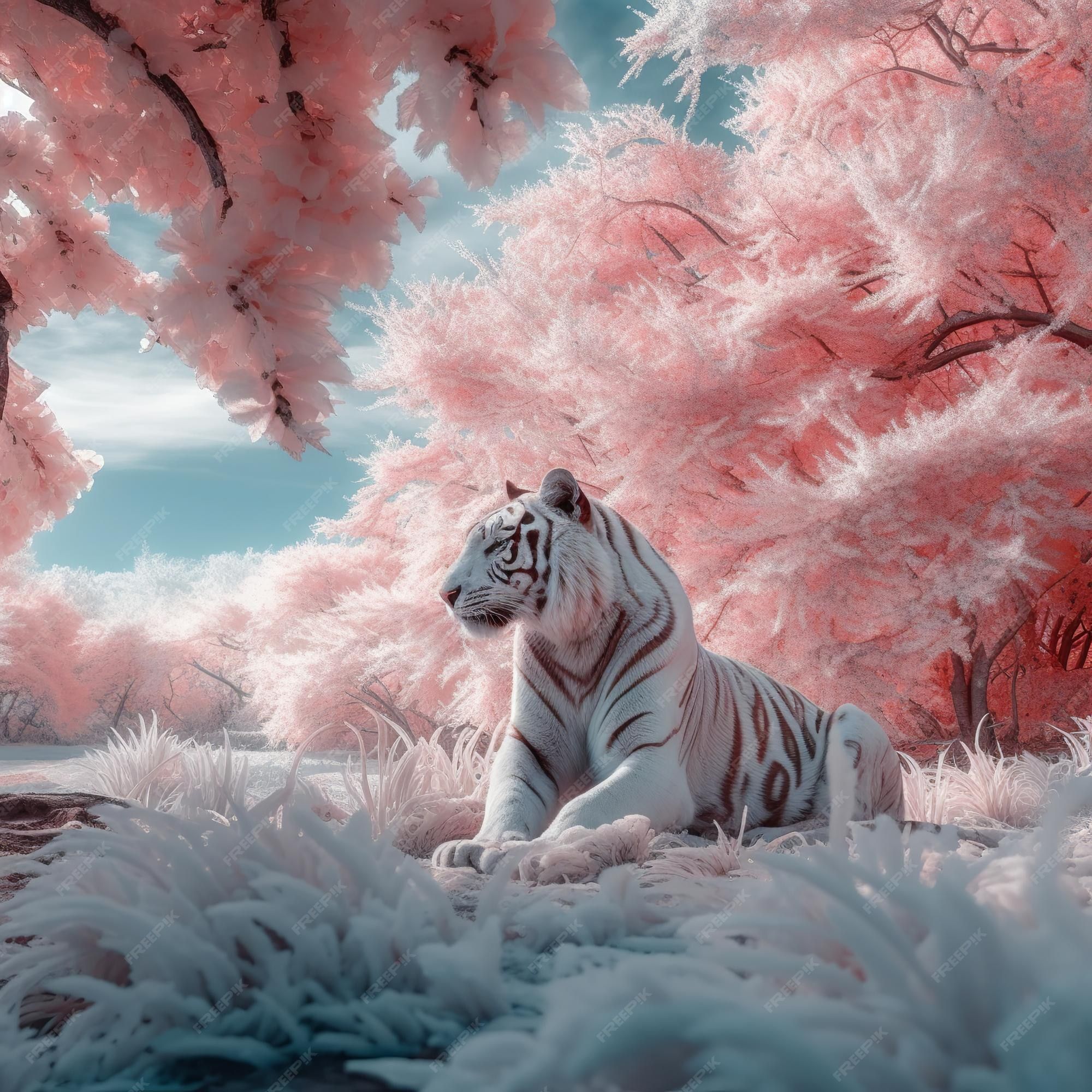 Weißer Tiger, Rosa Bäume, Fantasy, Pastellfarben, Digitale Kunst, Full HD, Tablet-Hintergrund