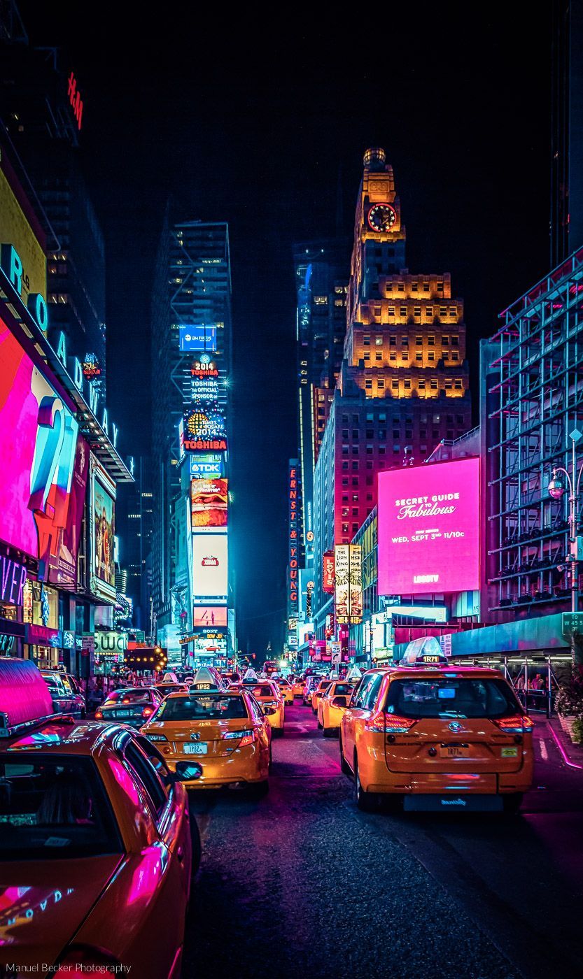 Times Square, New York City, Gelbe Taxis, Neonlichter, Nacht, Leuchtreklame, Handy-Hintergrundbild