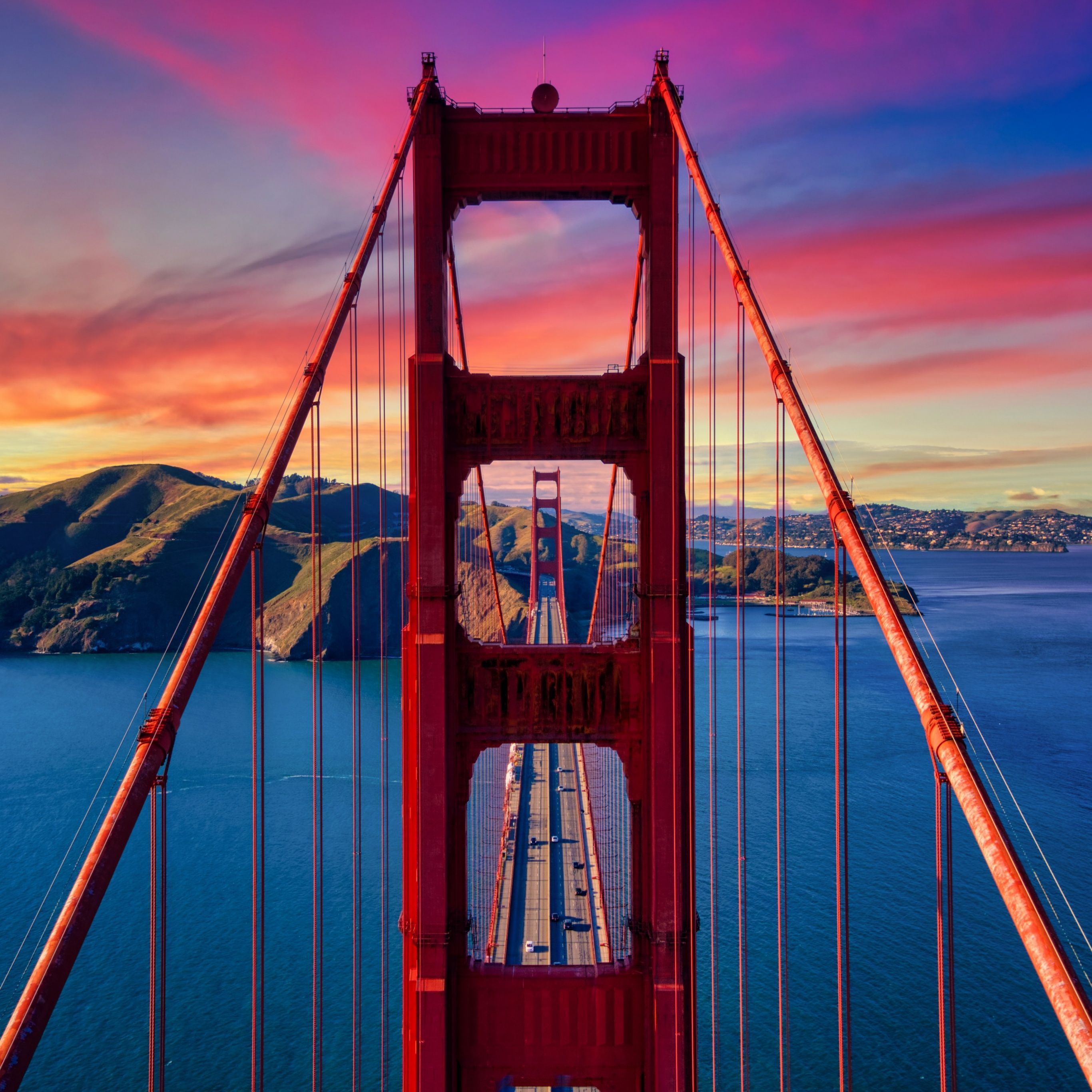 Golden Gate Bridge, San Francisco, Hängebrücke, Sonnenuntergang, Bucht, Roter Pfeiler, Tablet-Hintergrundbild