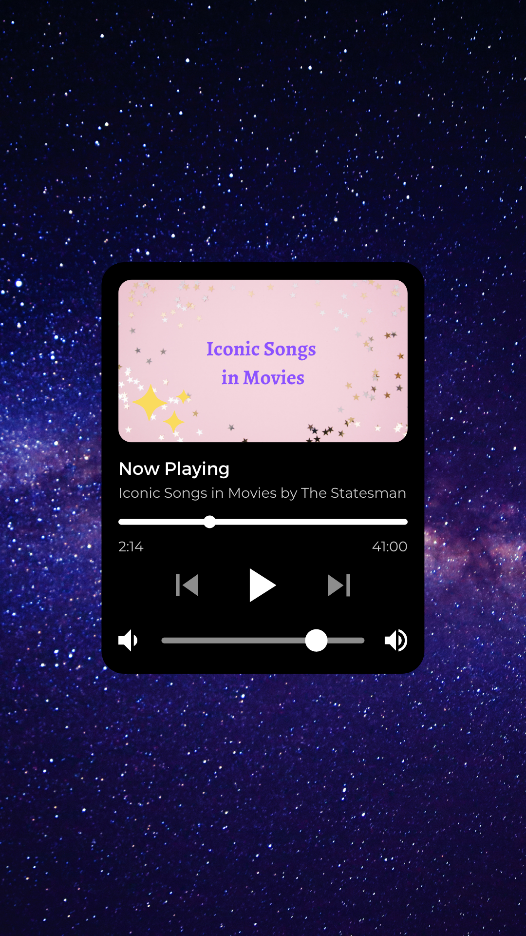 Now Playing, Musikplayer, Sternenhimmel, Galaxie, Lila, Full HD, Hintergrundbild fürs Handy