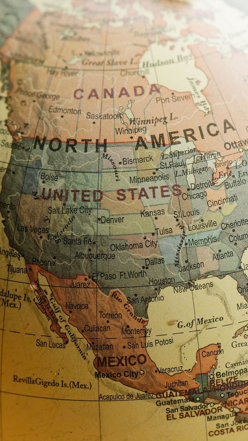 Nordamerika, Vereinigte Staaten, Kanada, Mexiko, Globus, Landkarte, Vintage, Handy-Hintergrundbild