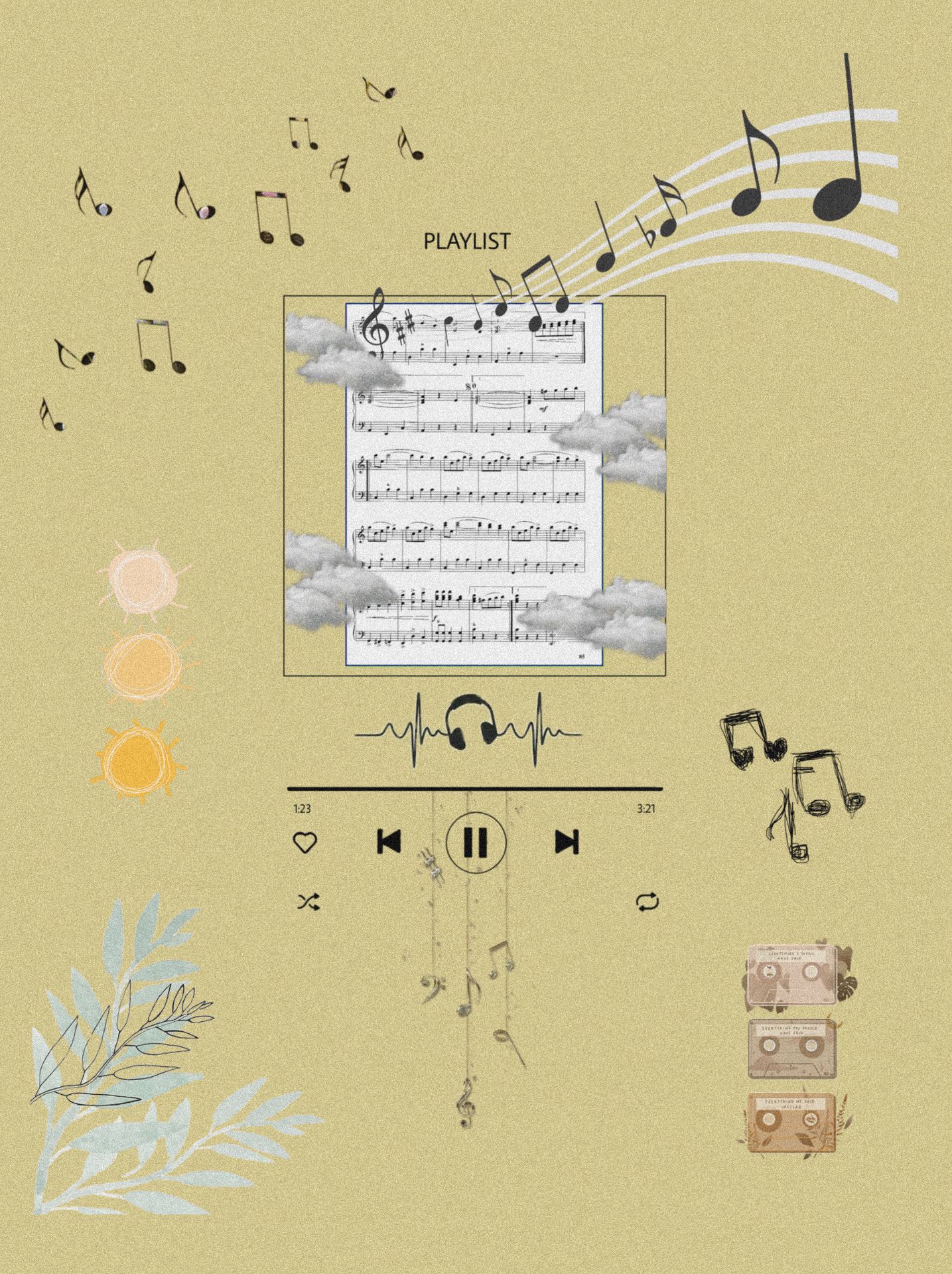 Notenblatt, Musiknoten, Musikplayer, Beige, Collage, Vintage, Hintergrundbild fürs Tablet