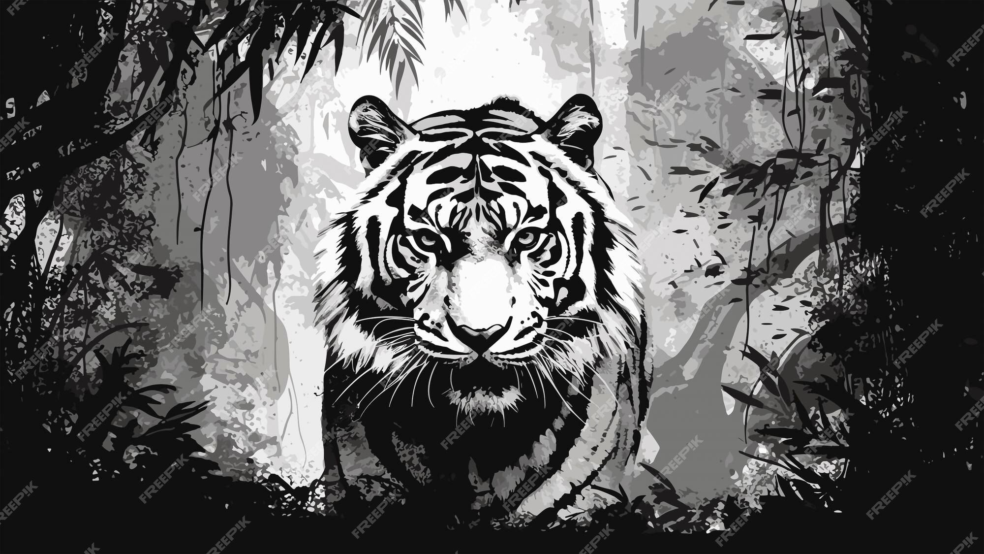Tiger, Dschungel, Schwarzweiß, Illustration, Grafik, 16:9, Full-HD-Hintergrundbild für den Desktop