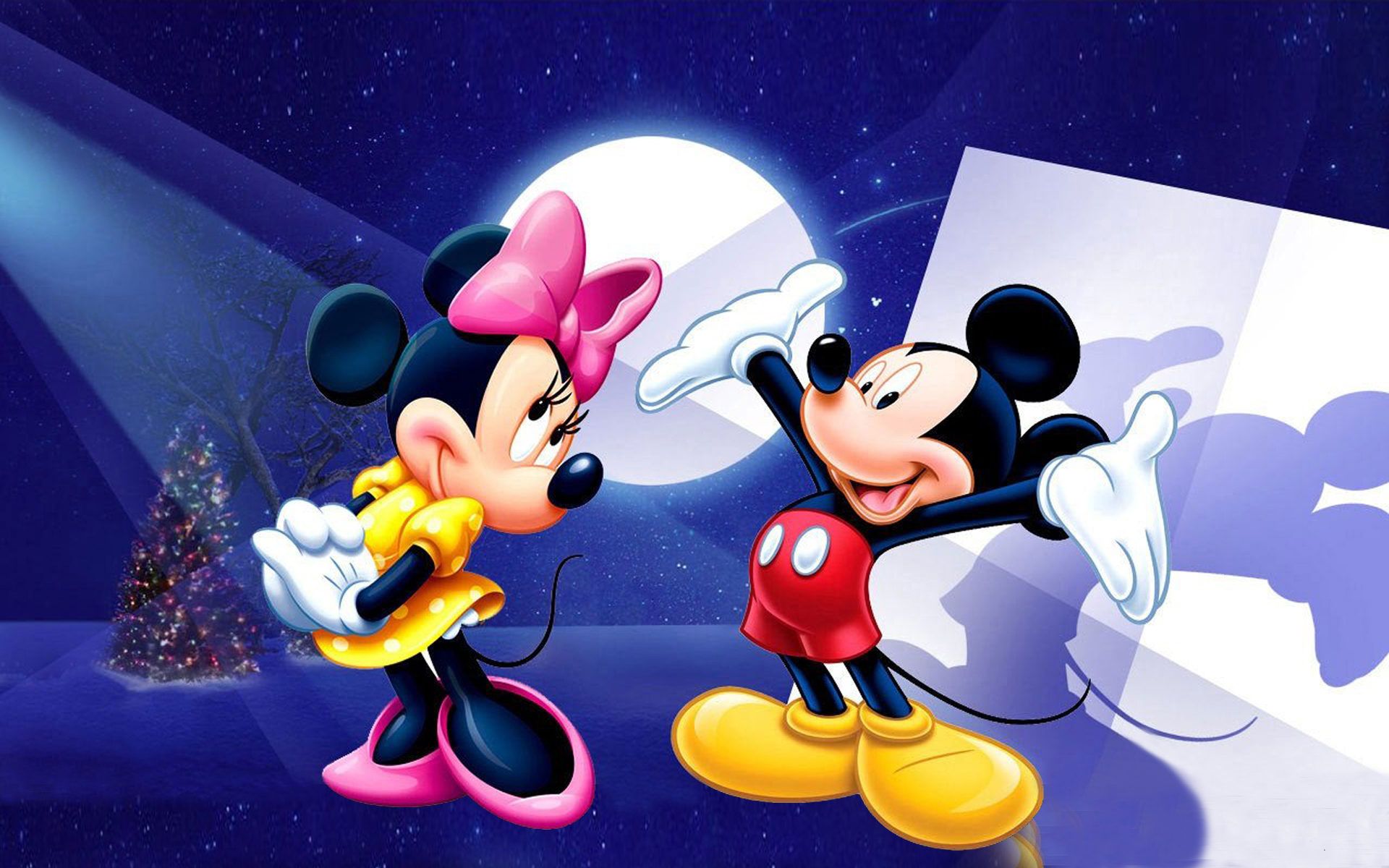 Minnie Maus, Micky Maus, Nacht, Vollmond, Weihnachtsbaum, Blau, Full HD, Windows-Hintergrundbild