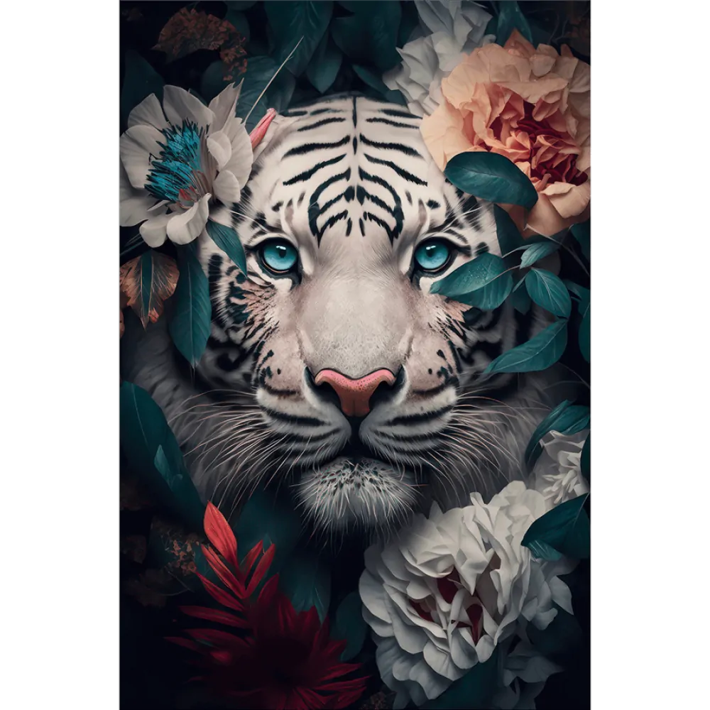 Weißer Tiger, Blumen, Blaue Augen, Digitale Kunst, Dunkler Hintergrund, Wallpaper