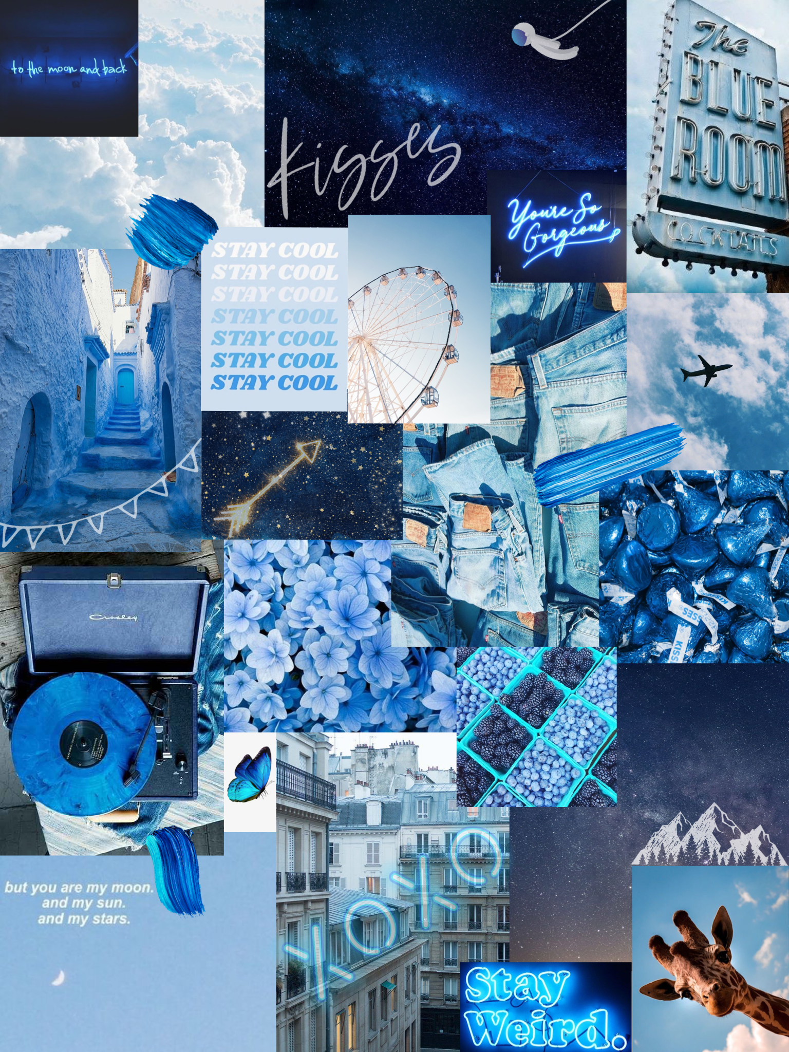 Collage, Blau, Aesthetic, Fotowand, Neon, QHD+, Hintergrundbild fürs Tablet