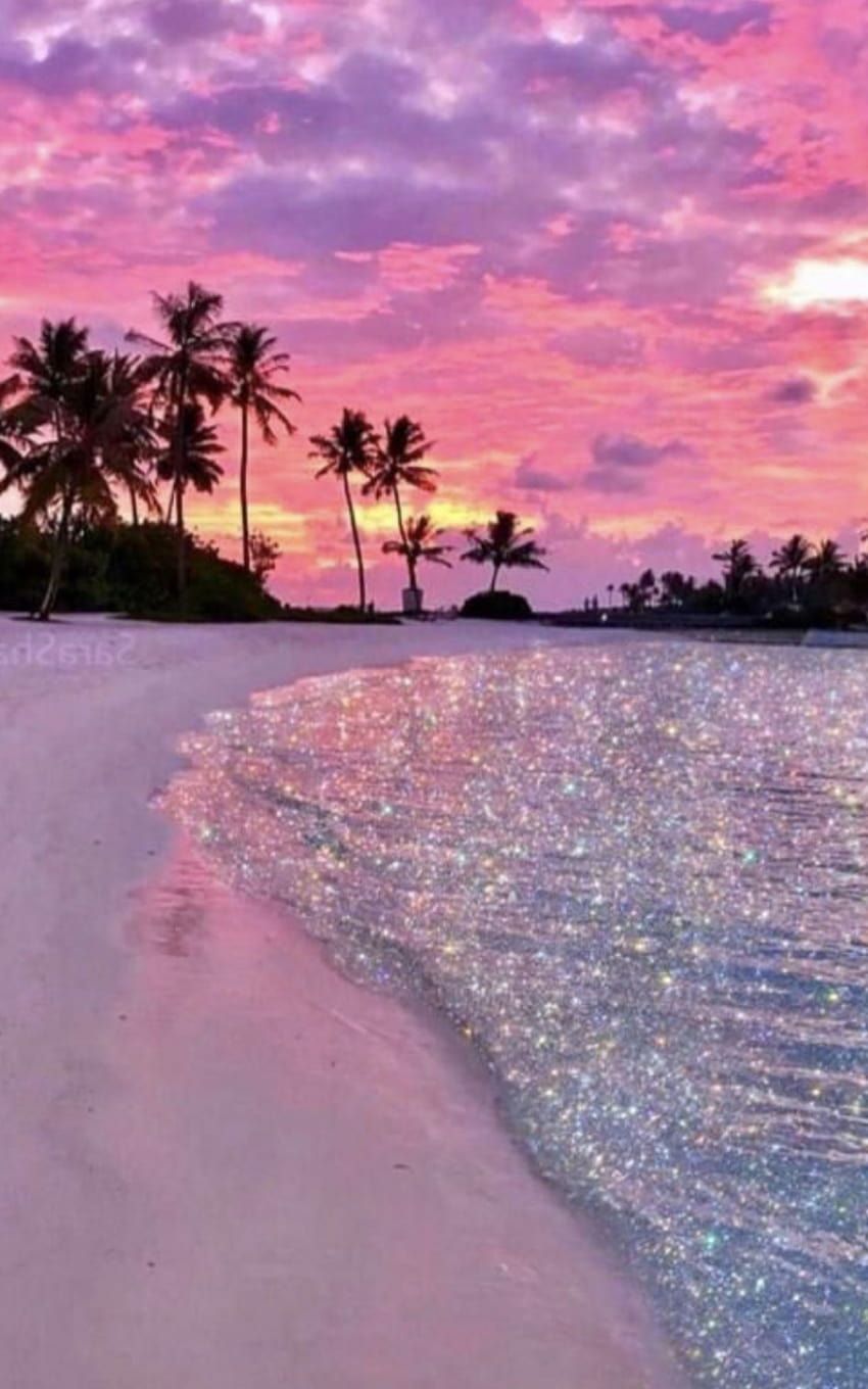 Strand, Palmen, Sonnenuntergang, Rosa Himmel, Glitzerndes Wasser, Hintergrundbild fürs Handy
