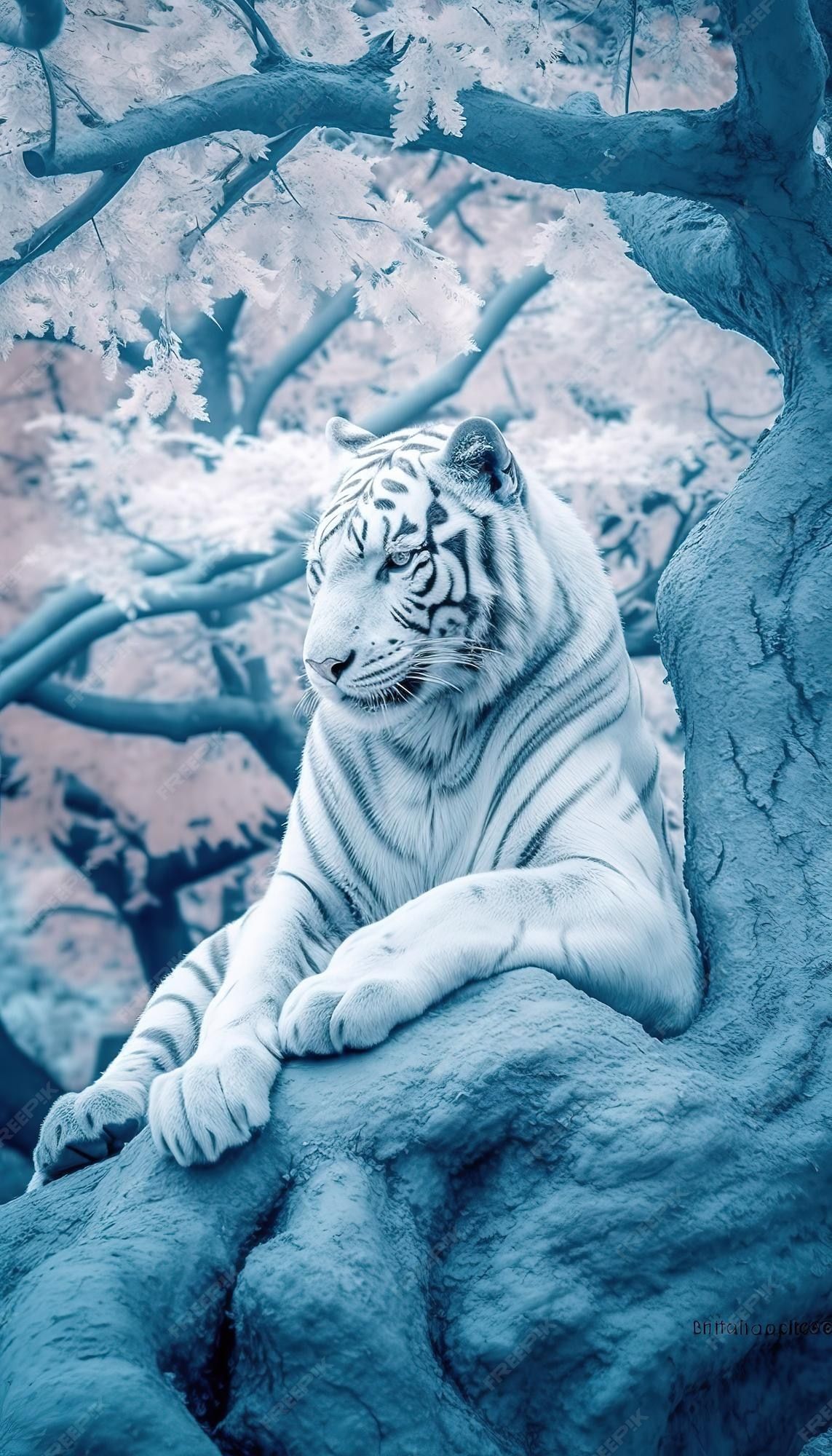 Weißer Tiger, Baum, Blautöne, Fantasy, Digitale Malerei, Full HD, Handy-Hintergrund
