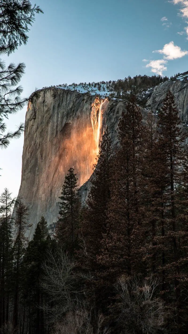 Horsetail Fall, El Capitan, Yosemite-Nationalpark, Kalifornien, Felswand, Wald, Abendlicht, HD-Handy-Hintergrundbild
