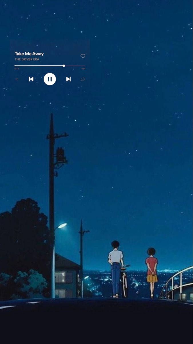 Musikplayer, Anime-Szene, Nacht, Strommast, Sternenhimmel, Paar, Android-Hintergrundbild