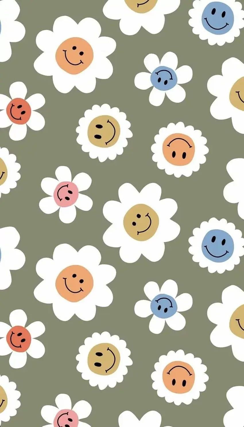 Gänseblümchen, Smileys, Muster, Retro, Olivgrün, HD, Hintergrundbild fürs Handy