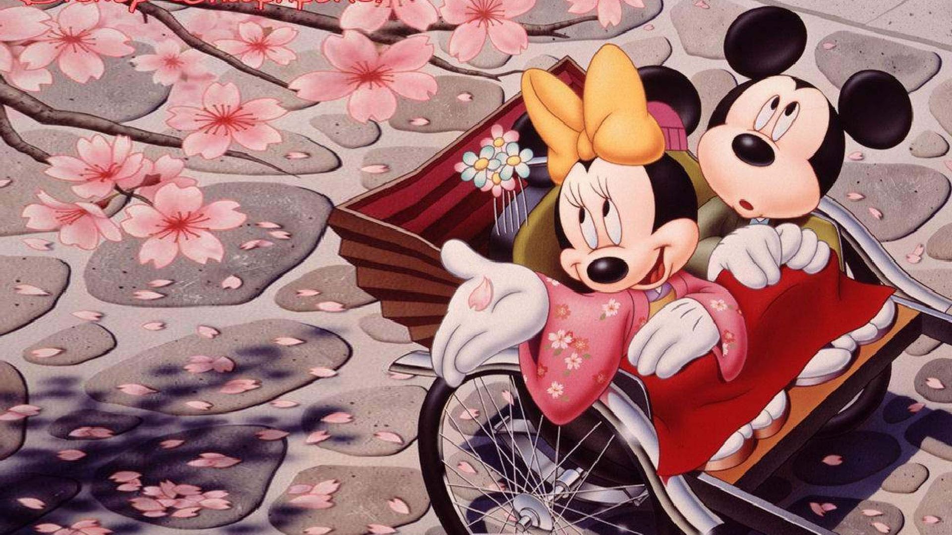 Minnie Maus, Micky Maus, Rikscha, Kirschblüten, Japan, Kimono, Full HD, PC-Hintergrundbild