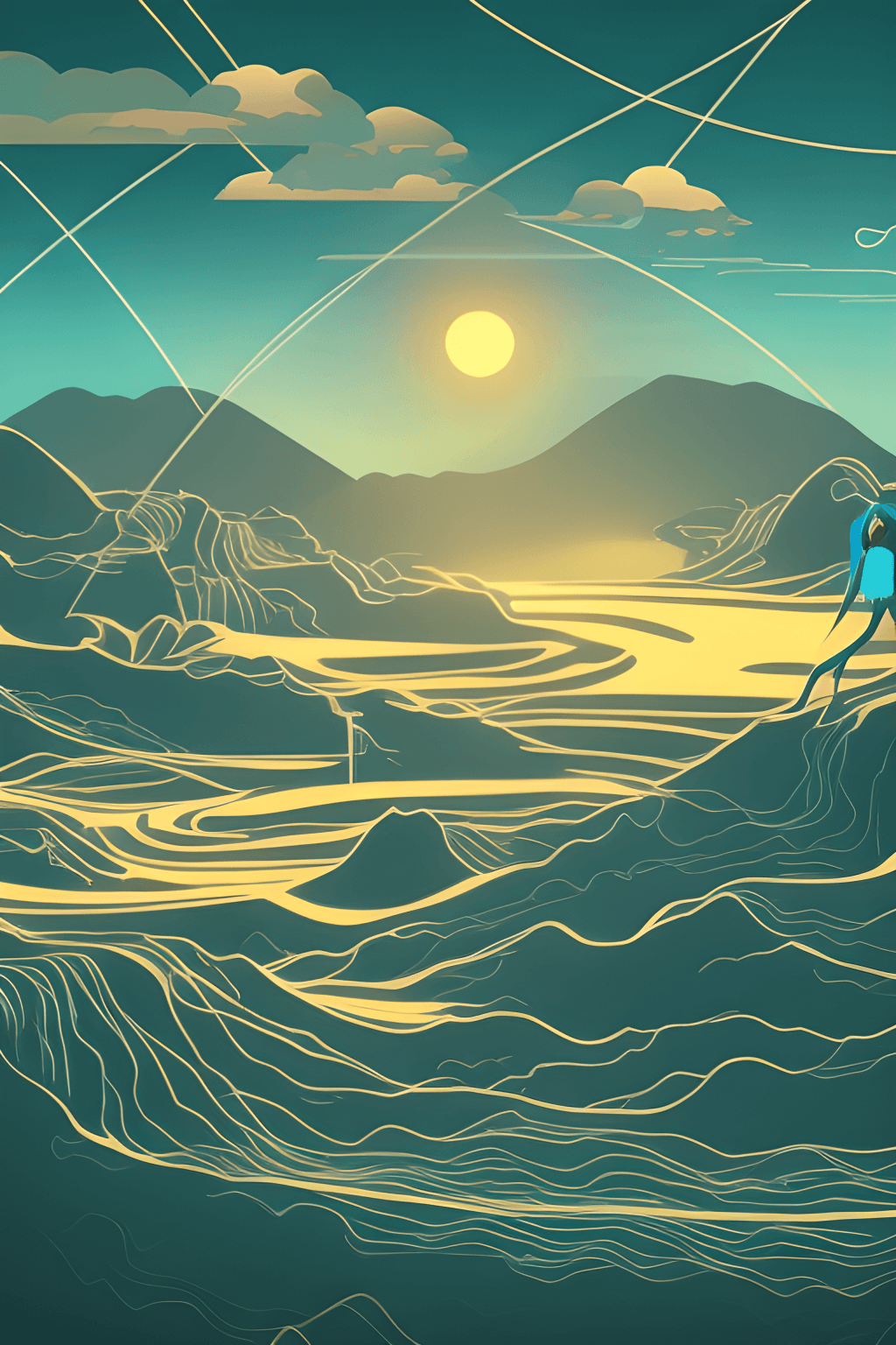 Landschaft, Line Art, Sonne, Berge, Türkis, Gold, HD, Sperrbildschirm fürs iPhone