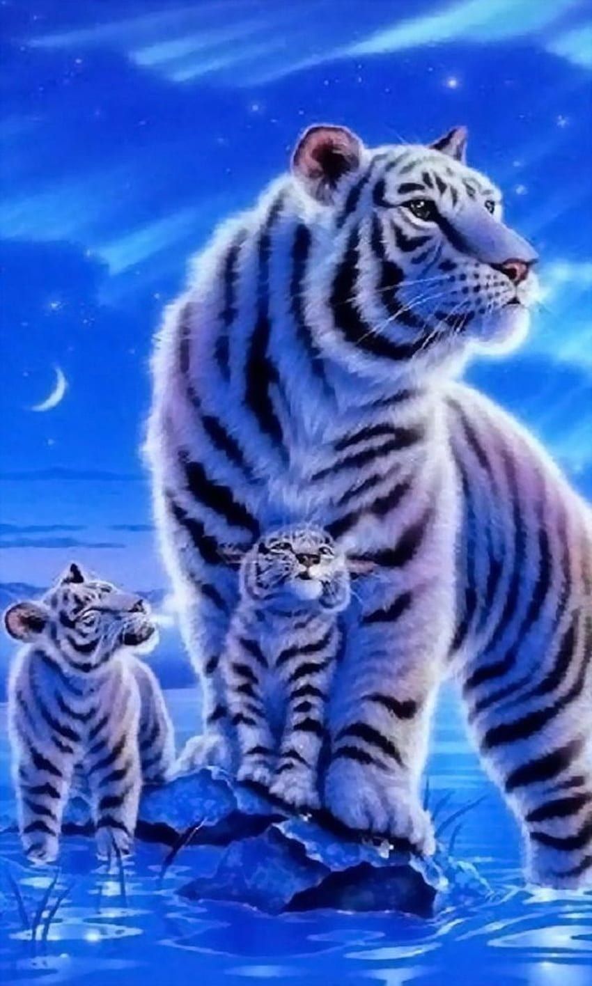 Weißer Tiger, Tigerjunge, Mondnacht, Blau, Illustration, Hintergrundbild fürs Handy
