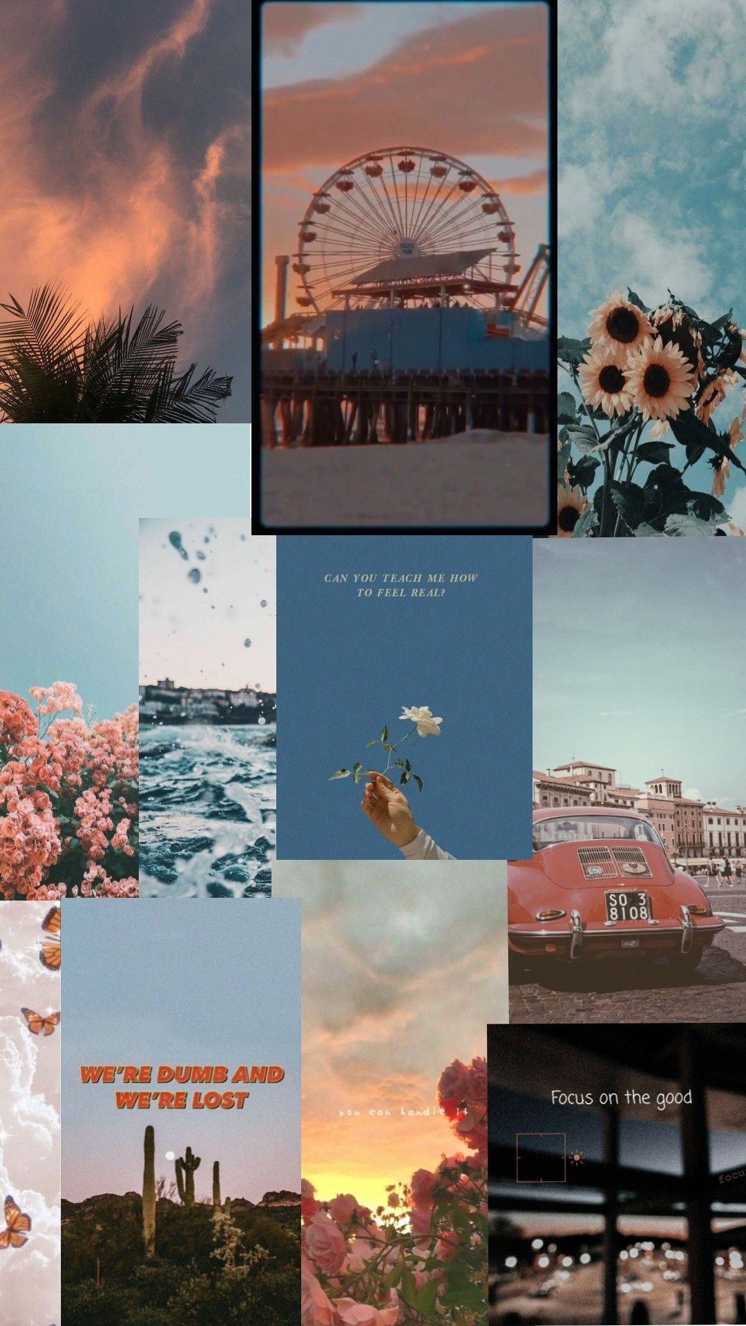 Collage, Santa Monica Pier, Sonnenuntergang, Sonnenblumen, Sommer, 1080x1920, Handy-Hintergrund