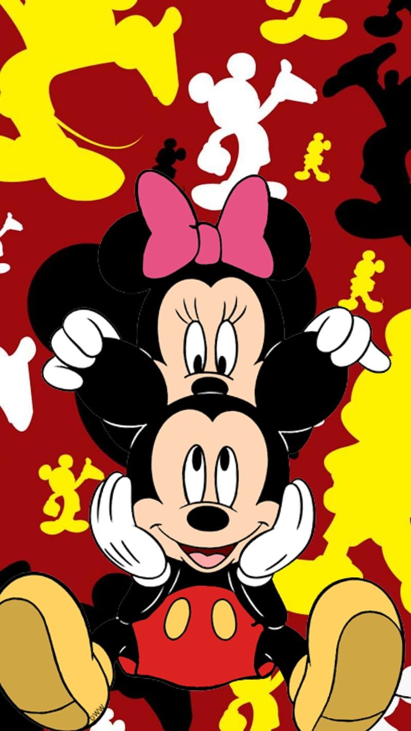Minnie Maus, Micky Maus, Disney, Tarnmuster, Rot-Gelb, Hochformat, Hintergrundbild fürs Smartphone