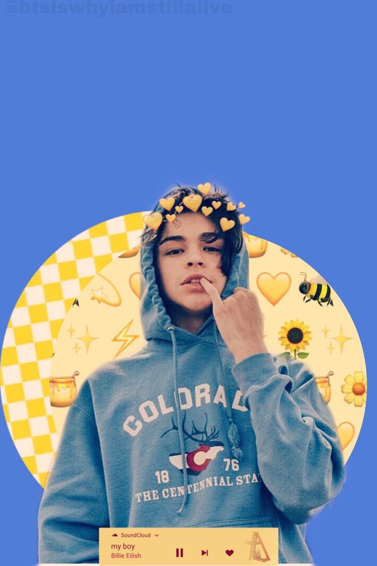Frau, Hoodie, Blumenkranz, Sonnenblumen, Blauer Hintergrund, Collage, Sperrbildschirm fürs iPhone