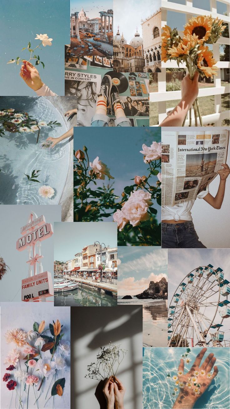 Collage, Aesthetic, Sonnenblumen, Riesenrad, Pastell, HD, Hintergrundbild fürs Handy