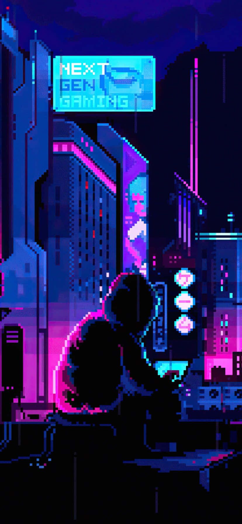 Cyberpunk, Neonlicht, Nachtstadt, Person, Lila-Blau, Google Pixel 5, Handy-Hintergrund