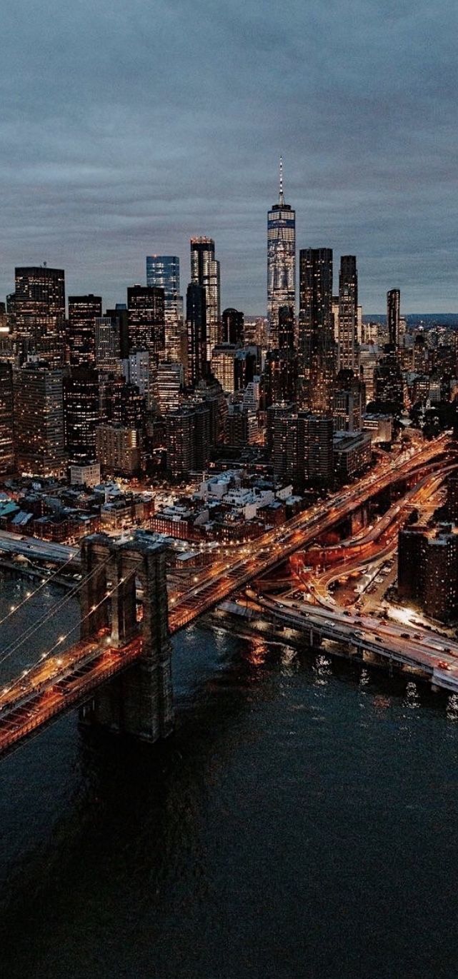 Lower Manhattan, Brooklyn Bridge, Manhattan, Skyline, Abenddämmerung, Android-Hintergrundbild