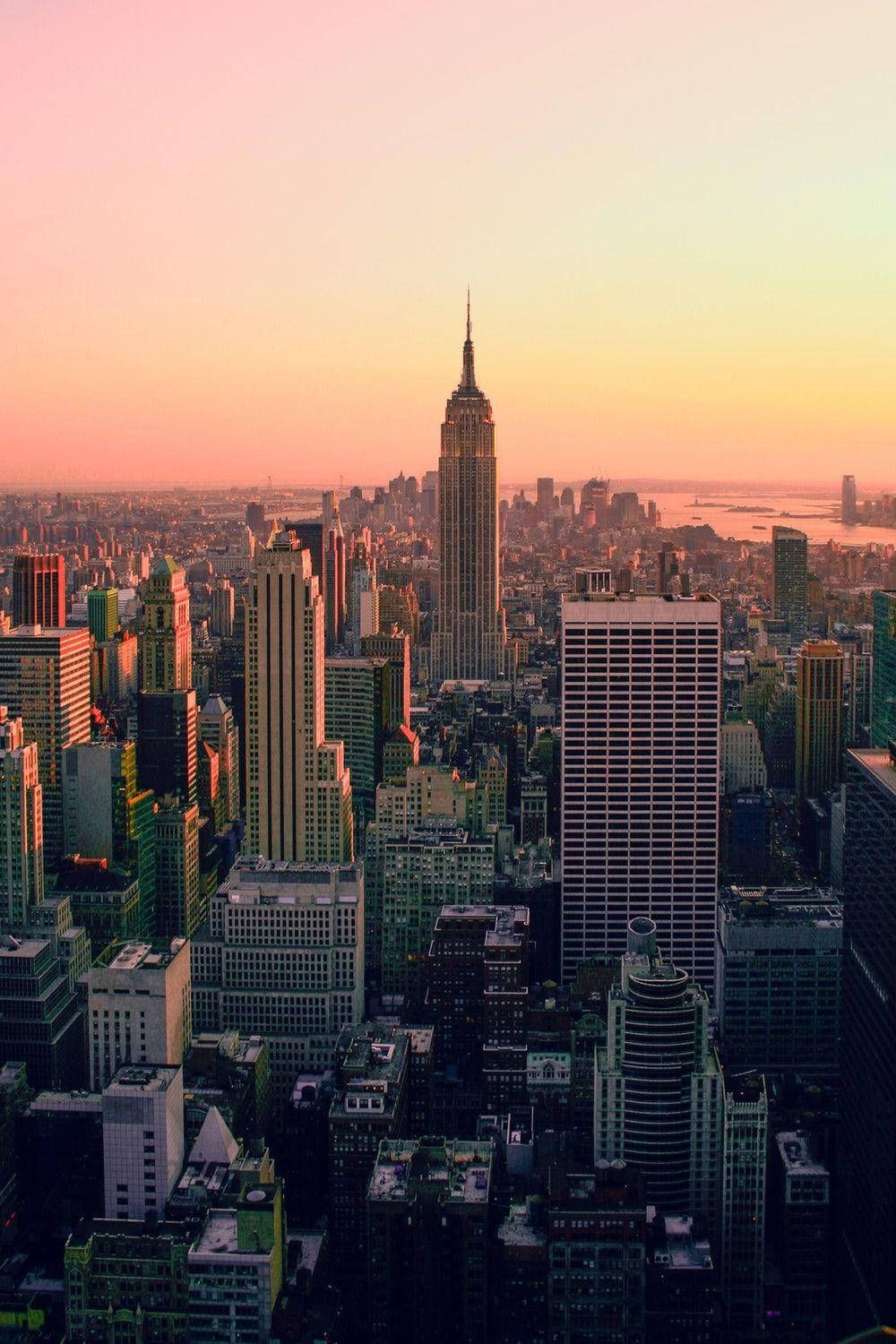 Empire State Building, Manhattan, Skyline, Sonnenuntergang, Pink, Hintergrundbild fürs Handy