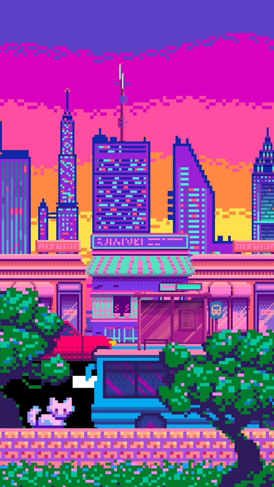 Pixel-Art, Skyline, Katze, Retro-Spiel, Bunt, Google-Pixel-5-Sperrbildschirm