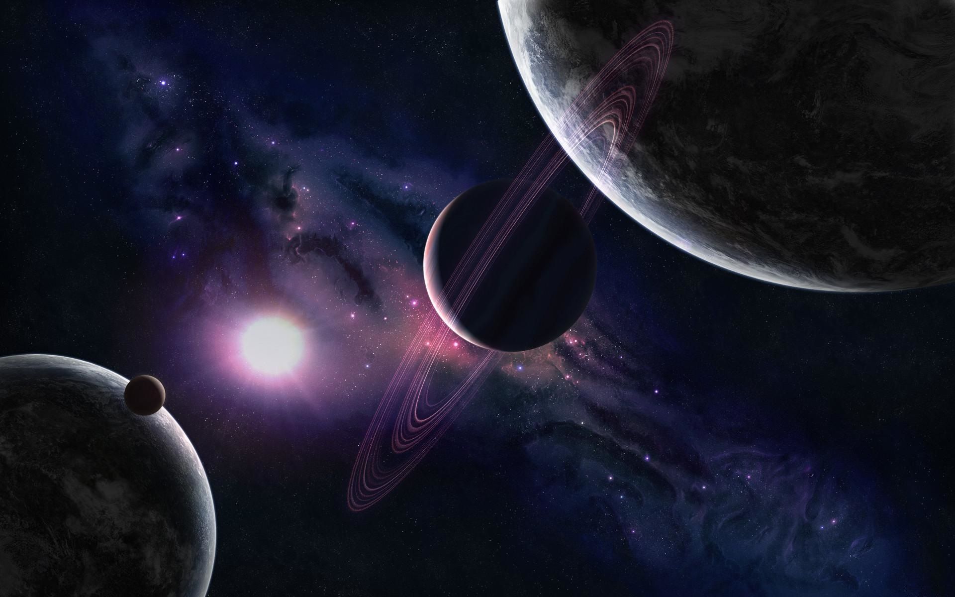 Planeten, Ringplanet, Monde, Heller Stern, Science-Fiction, Full HD, PC-Hintergrundbild