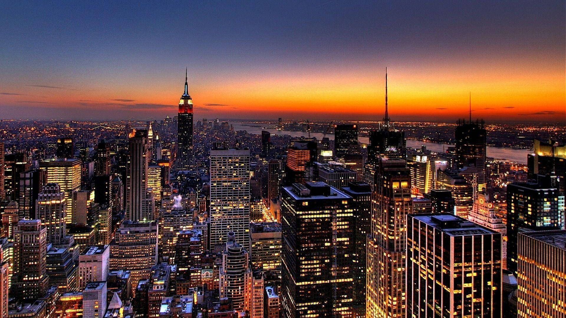 Empire State Building, Manhattan, Skyline, Abendrot, Panorama, Full HD, Laptop-Hintergrundbild