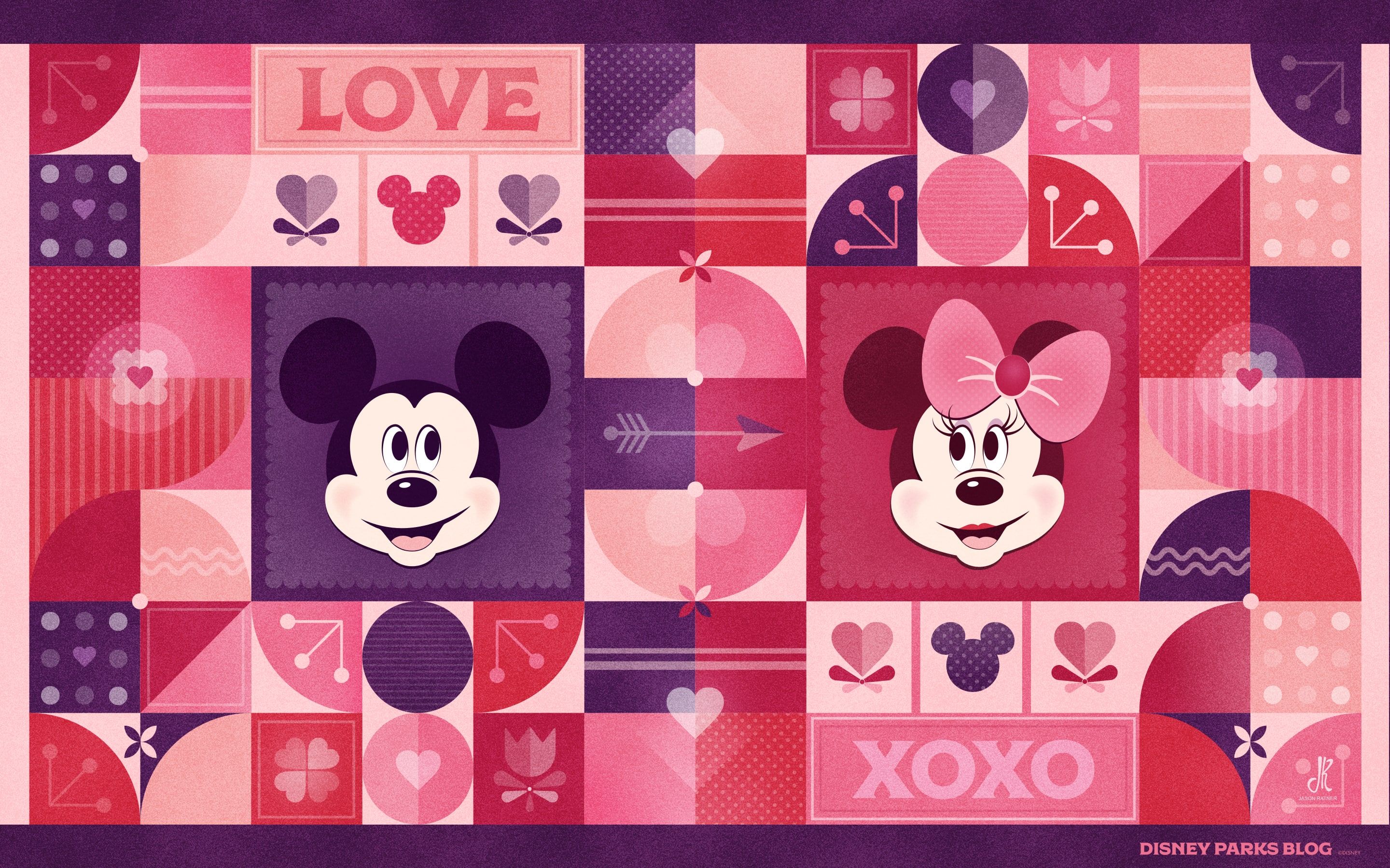 Micky Maus, Minnie Maus, Valentinstag, Geometrisches Muster, Pink, 2K, Breitbild-Hintergrundbild