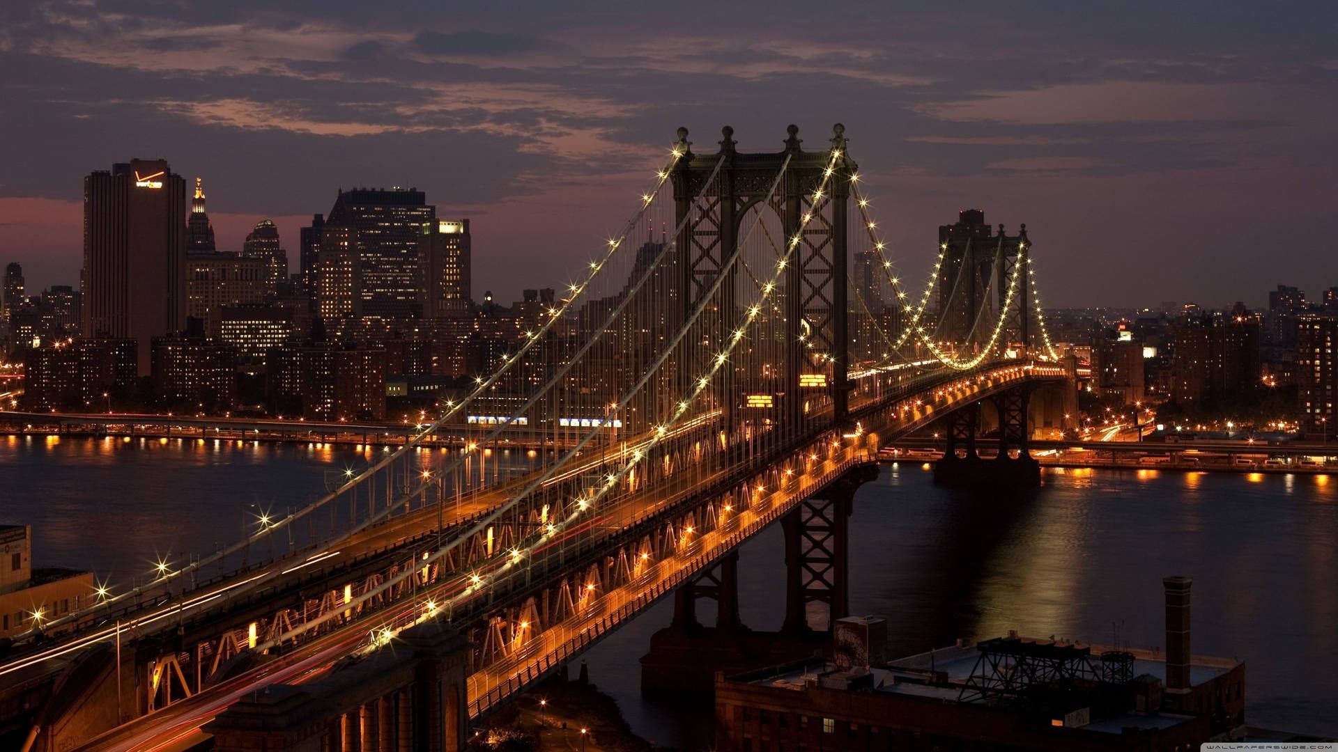 Manhattan Bridge, East River, Lower Manhattan, Brückenbeleuchtung, Nacht, 1920x1080, PC-Hintergrundbild