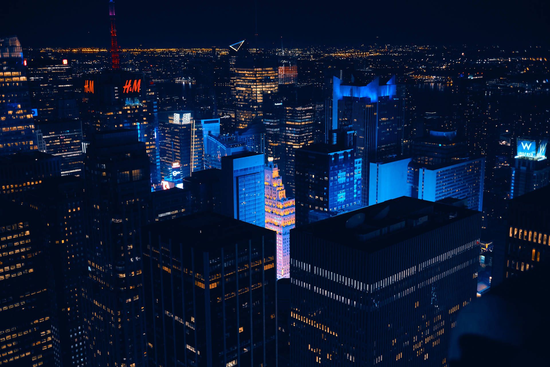 Manhattan, Luftaufnahme, Wolkenkratzer, Blaue Beleuchtung, Nacht, Full-HD-Hintergrundbild für PC