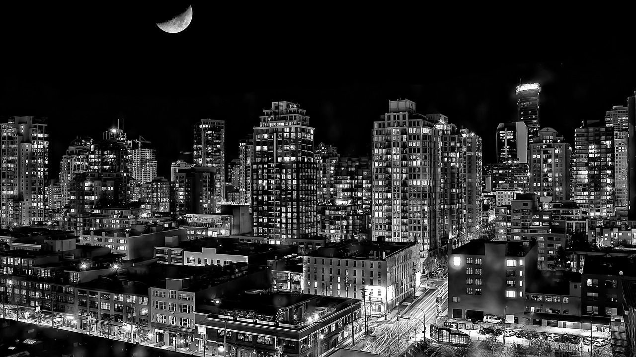 Manhattan, Skyline, Mond, Schwarz-Weiß, Nacht, HD, Hintergrundbild für den PC