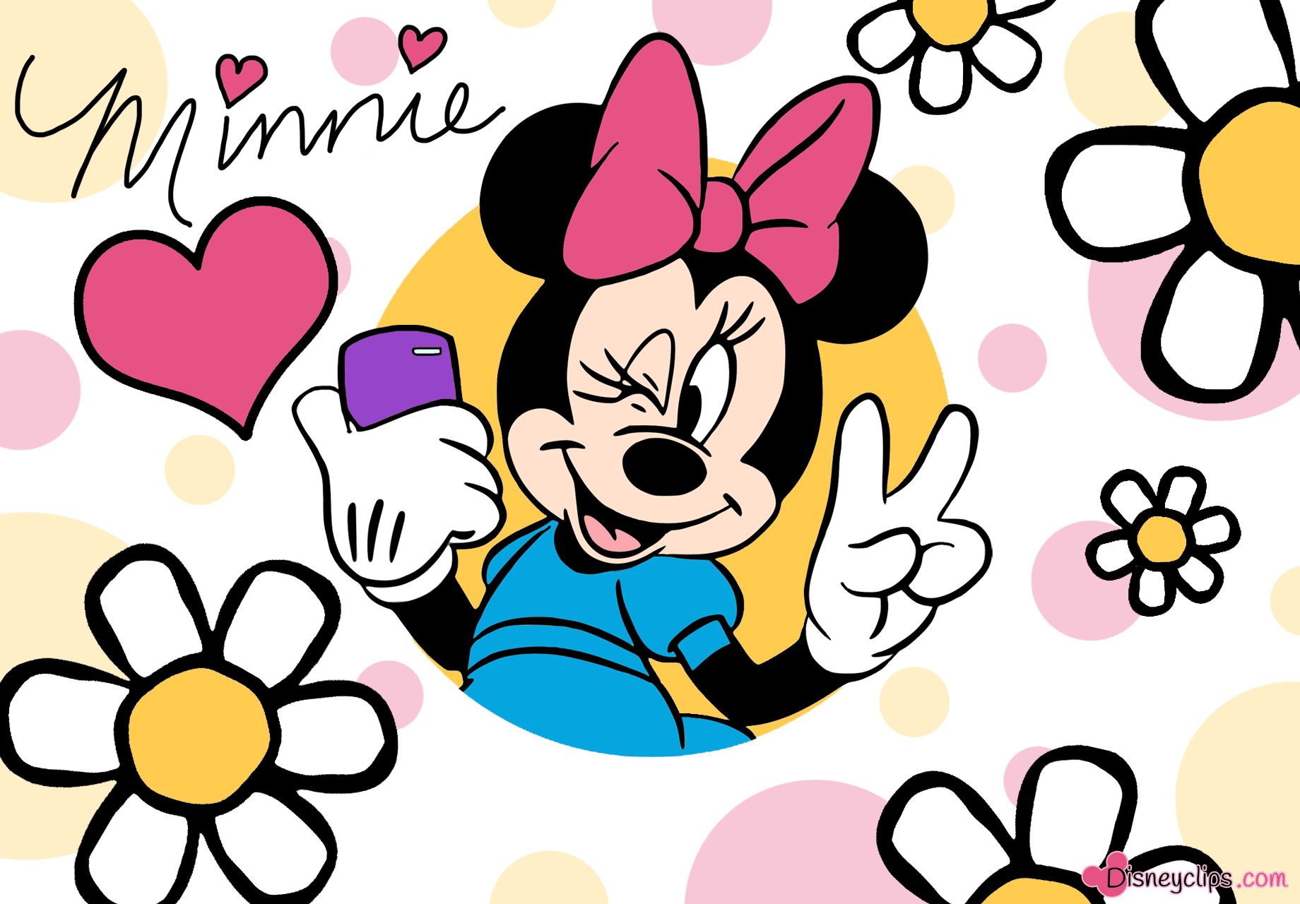 Minnie Maus, Selfie, Gänseblümchen, Herzen, Comic-Stil, HD, Hintergrund für den Desktop