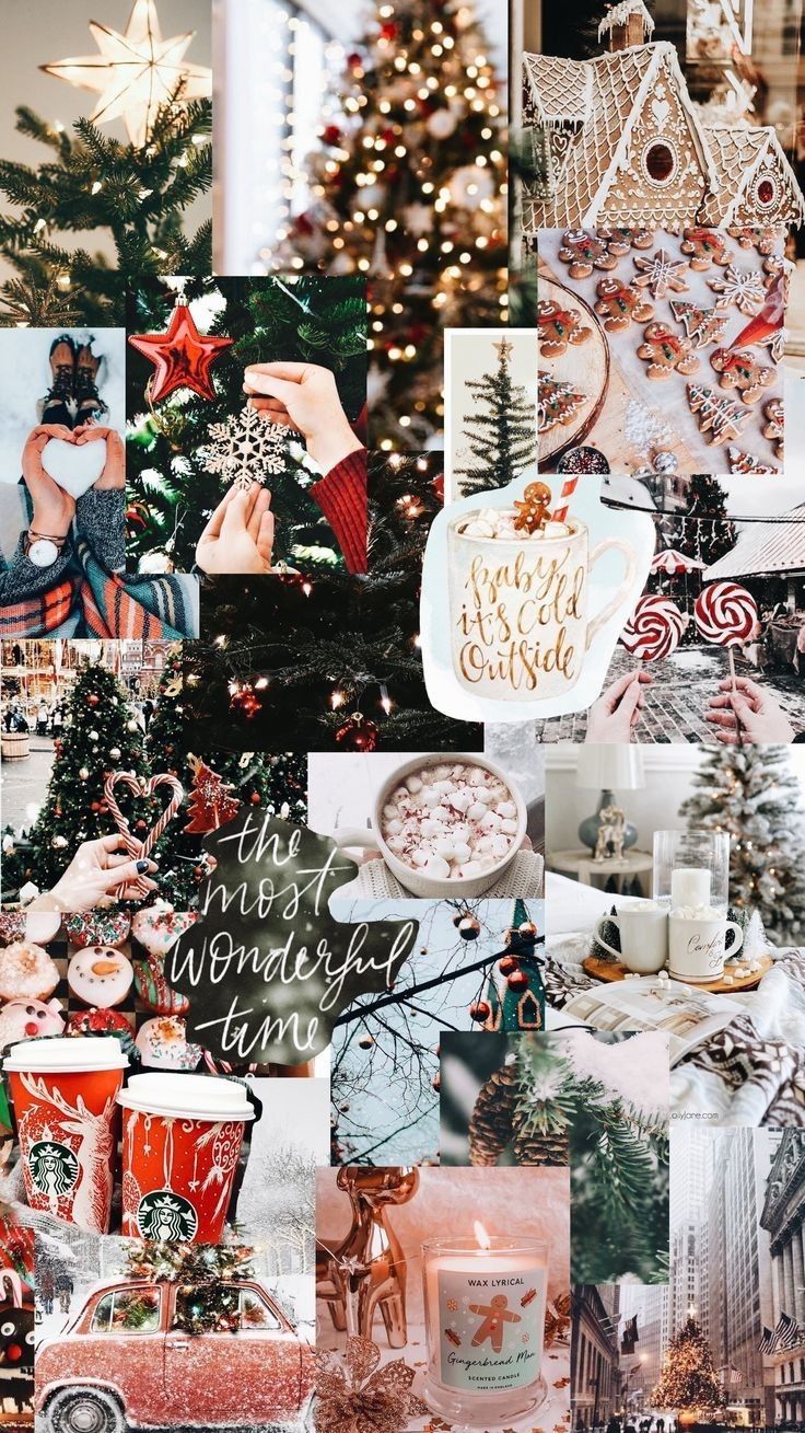 Collage, Weihnachtsbaum, Kakao, Gemütlich, Rot und Grün, HD, iPhone-Hintergrundbild