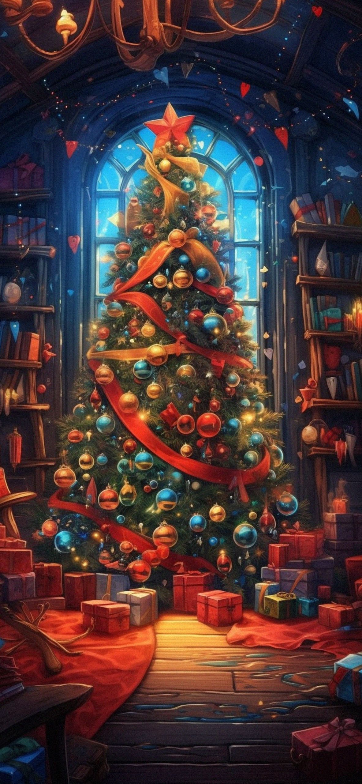 Weihnachtsbaum, Bleiglasfenster, Geschenke, Digitale Kunst, Warme Farben, Full HD, iPhone-Hintergrundbild
