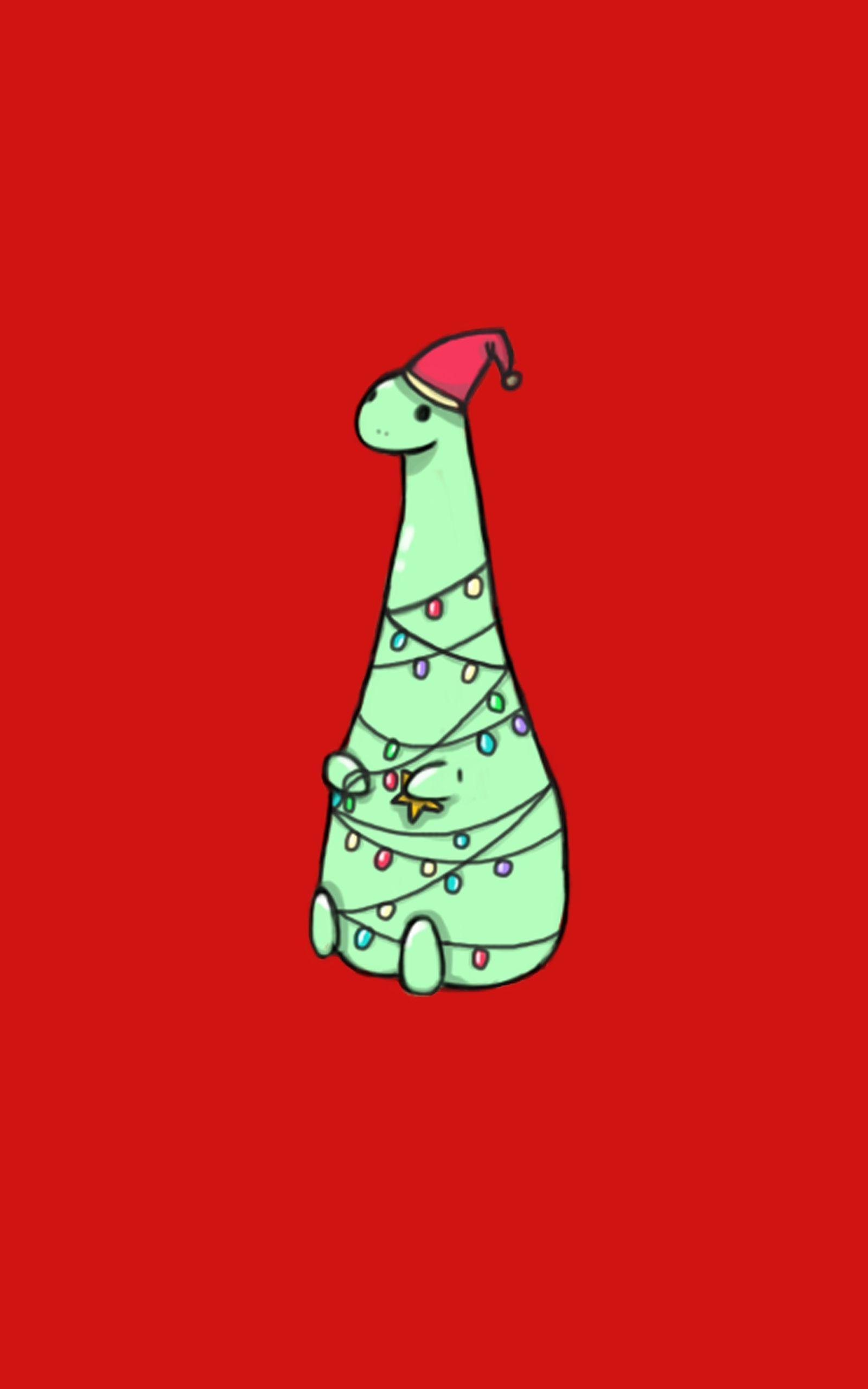 Dinosaurier, Weihnachtsmütze, Lichterkette, Illustration, Roter Hintergrund, Sperrbildschirm