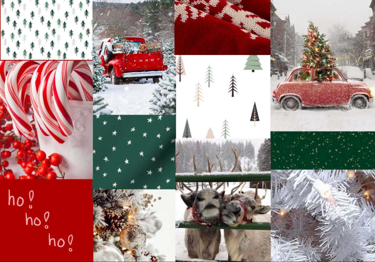 Ho Ho Ho, Collage, Rotes Auto, Zuckerstangen, Rentier, Rot und Grün, Hintergrundbild