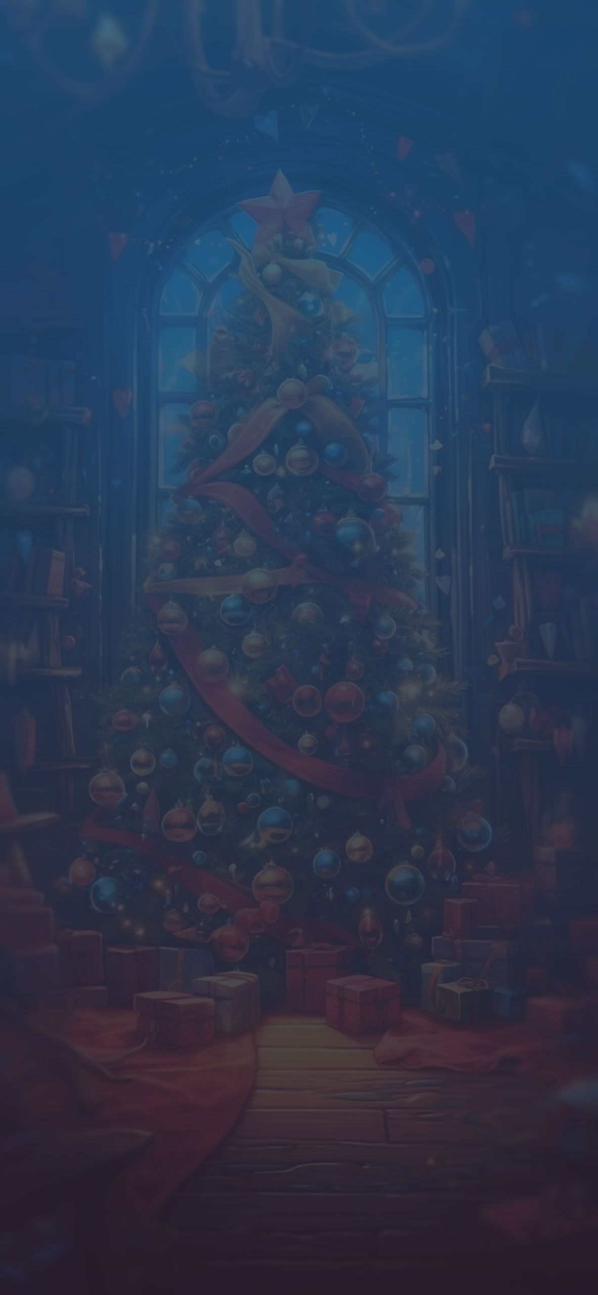 Weihnachtsbaum, Kirchenfenster, Dunkel, Blaue Töne, Digitale Kunst, Full HD, Handy-Hintergrund