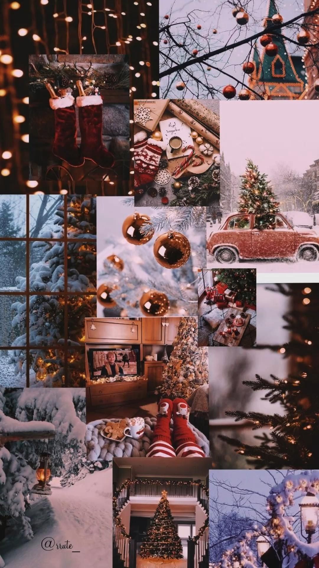 Collage, Verschneites Dorf, Weihnachtsbaum, Lichter, Winter, 1080x1920, Handy-Hintergrund