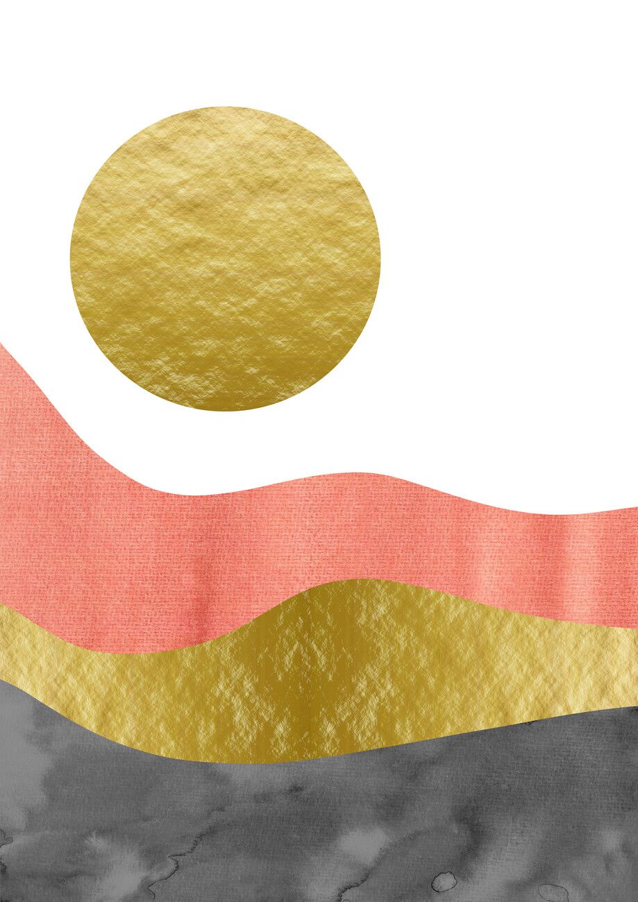 Abstrakte Kunst, Goldene Sonne, Boho, Korallrot, Grau, Hintergrundbild für iPad und Tablet