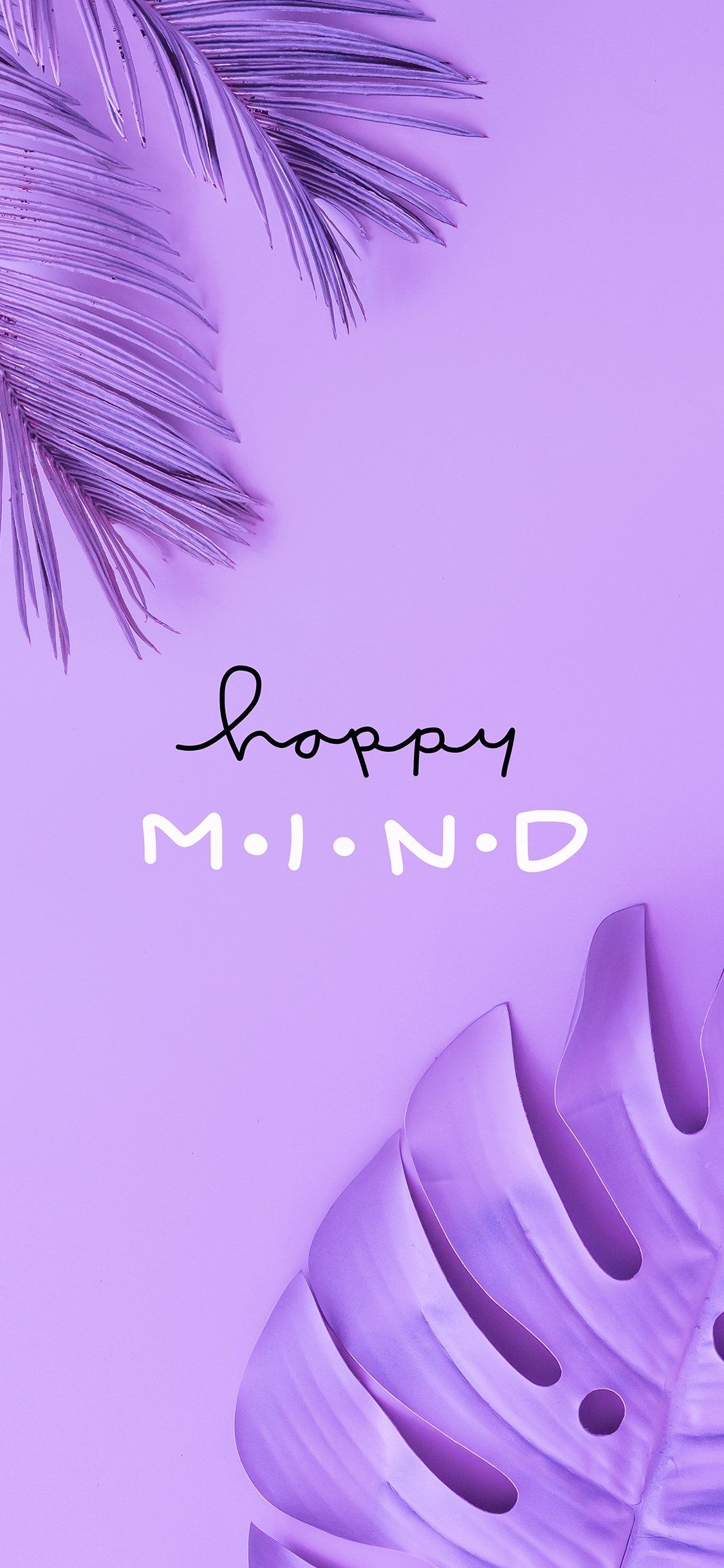 Happy Mind, Schriftzug, Palmblätter, Monstera, Lila, Full HD, Hintergrundbild fürs Handy