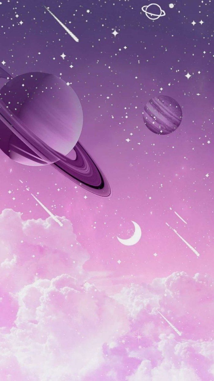 Ringplanet, Rosa Wolken, Sternschnuppen, Mondsichel, Pastell, Illustration, Android-Hintergrundbild
